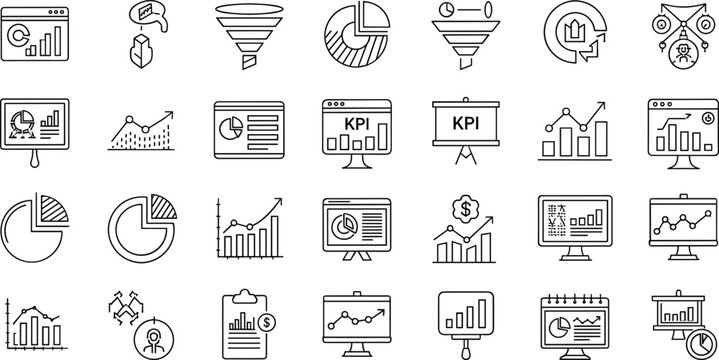 Analytics and Data Visualization Line Icon Vector Set with Charts, KPI Dashboard, Graphs and Business Statistics Elements
