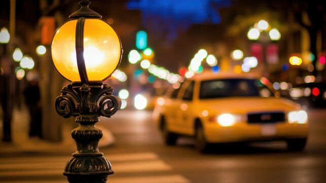 夜の都会の街角を照らすアンティーク調の街灯と、背景にぼやけて映る象徴的なイエローキャブのタクシーが織りなす、幻想的でノスタルジックなニューヨークの夜景シーン。都市の喧騒と温かみのある光が調和した美しいボケ味のある風景写真。