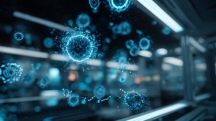 Obraz premium Elegant healthcare technology background featuring biomolecules and AI-driven clinical light patterns in a sophisticated lab scene.