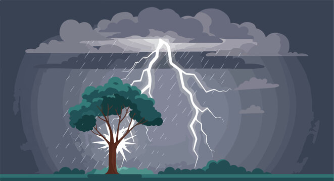 A lone tree endures a powerful lightning strike during a heavy storm