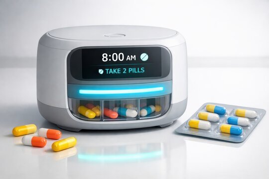 Smart Pill Dispenser: A modern, automated pill dispenser with a digital display, showcasing the convenience and efficiency of medication management.