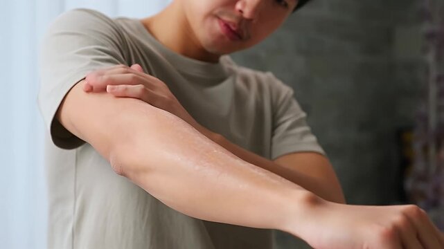 Man applies moisturizer to dry, flaky skin on arm, seeking relief and comfort for irritation, dry skin.
