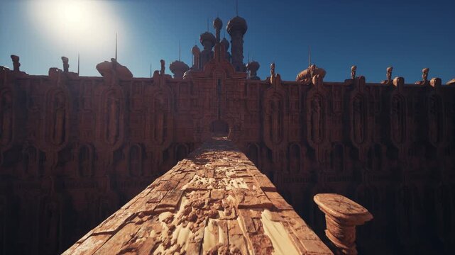 sunlit fortress bridge leading to ramparts, panoramic viewpoint framed by circular arch, textured sandstone battlements and distant towers under clear sky,