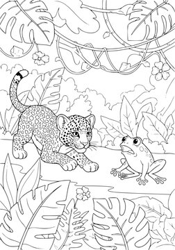 A leopard cub sneaks up on a frog coloring page.