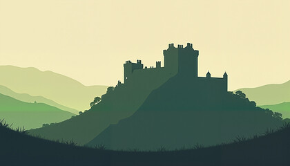 Obraz premium Silhouetted Medieval Castle Perched on a Hill Against Layered Green Hills and a Soft Golden Sky — Legacy, Endurance & the Symbol of Timeless Strength, Historical Roots, and the Quiet Majesty of Place 