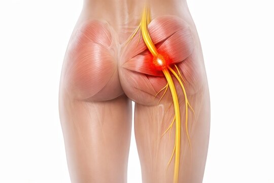 Anatomical visualization sciatic nerve entrapment by piriformis muscle inside female pelvis representing piriformis syndrome chronic pain compression clinical medical science