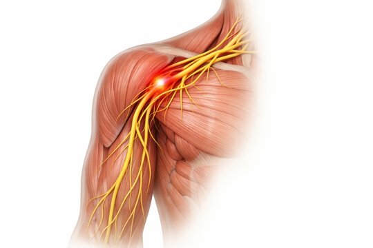 Anatomical visualization brachial neuralgia shoulder neck nerve plexus compression inside ghostly human torso representing acute severe shooting arm pain pathological within clinical medical science