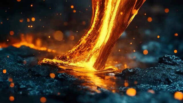 Flowing molten material spills onto a dark, rocky surface, with fiery bokeh in a dramatic scene