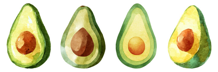 Avocado halves displaying healthy organic superfood nutrition, creating a vibrant watercolor illustration for fresh produce, diet, and vegan lifestyle concepts