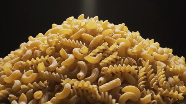 A large pile of various dry pasta shapes ready for cooking against a dark