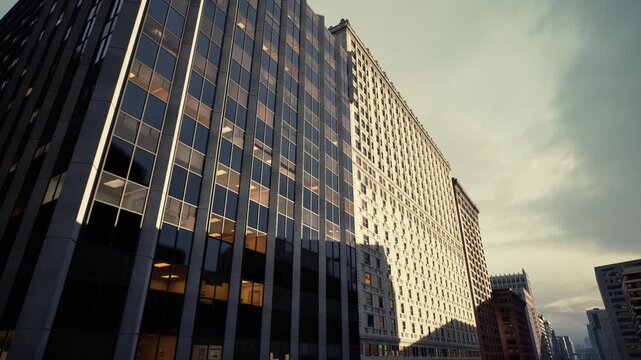 Bright patterned facade bathed in sunlight, geometric window grid casting lattice shadows, adjacent brick tower and narrow avenue, camera pans upward revealing