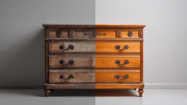 A split view showing the transformation of an old weathered wooden chest of drawers into a polished and restored piece of furniture against a gray wall.