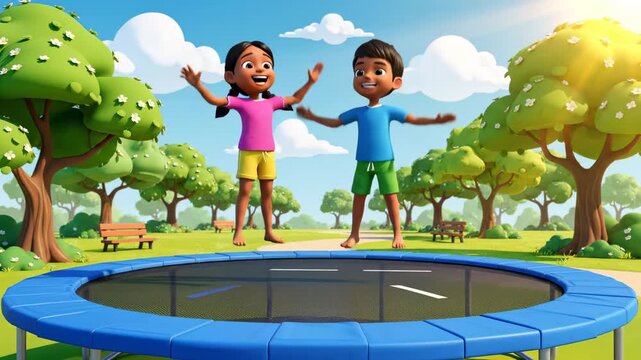 Cartoon children joyfully jumping on trampoline in sunny park animation background for happy playtime fun