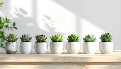 Obraz premium Six small potted succulent plants lined up on a wooden shelf with dappled sunlight