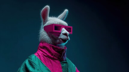 Fototapeta premium A white llama portrait featuring stylish pink rectangular sunglasses and a colorful jacket, set against a moody dark blue background with cinematic lighting.