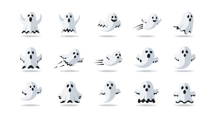 Naklejka premium Collection of various cute and friendly ghost icons in different playful poses and expressions, perfect for Halloween and spooky themes