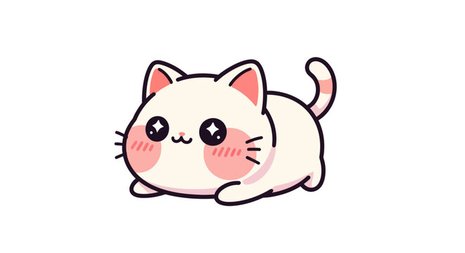 Adorable kawaii white kitten illustration with sparkling eyes and pink cheeks, a charming and cute cartoon pet graphic perfect for sweet designs