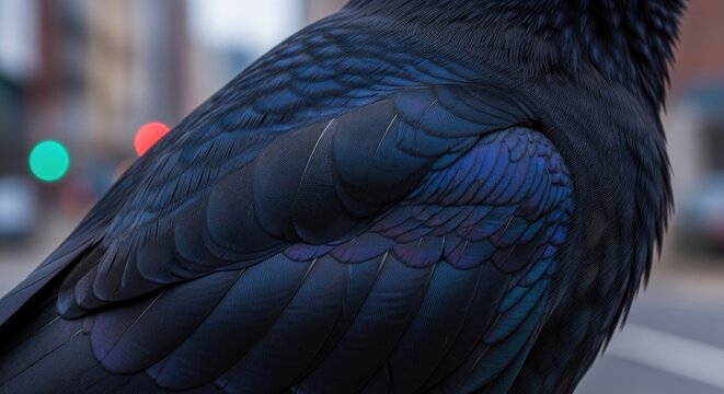 Close-up of a black bird with iridescent feathers.