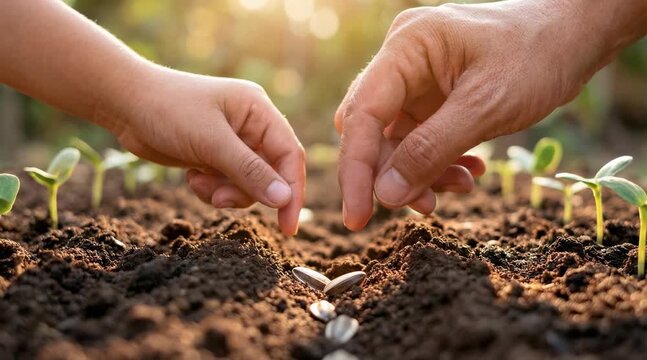 Adult and child hands planting sunflower seed into dark soil in a sunlit spring garden