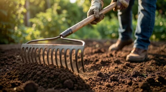 Gardener leveling dark soil with a metal rake in a sunlit spring garden bed