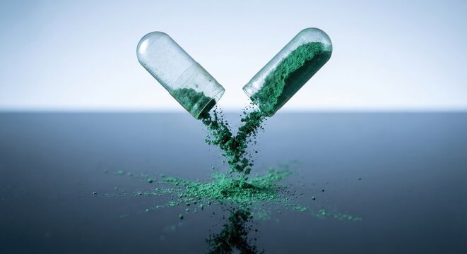 Spirulina capsule split open with green powder spilling