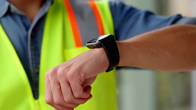 Worker checking smart device on wrist wearing high visibility vest, construction site monitoring tools, vest.
