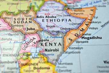 Naklejka premium Mega Ethiopia Macro World Map Defocused Bokeh Background Close Up Geographic Image