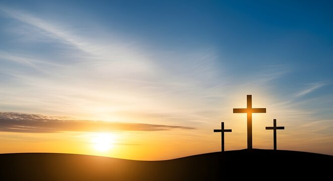 Easter sunday resurrection morning with crosses at sunrise