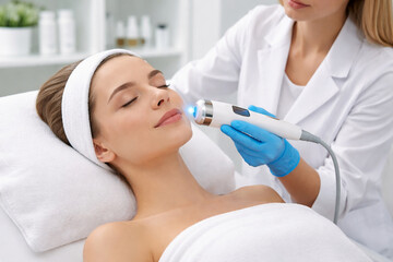 Fototapeta premium Woman receives facial treatment in a spa setting during daytime with a specialist using a device on her skin