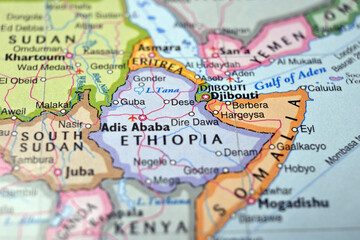 Naklejka premium Dese Ethiopia Macro World Map Defocused Bokeh Background Close Up Geographic Image