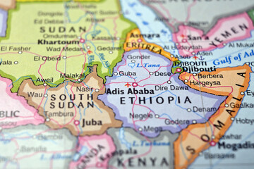 Naklejka premium Guba Ethiopia Macro World Map Defocused Bokeh Background Close Up Geographic Image