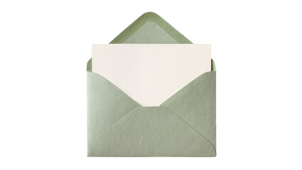 Open light green textured envelope with a blank cream-colored card partially visible, isolated on transparent background, perfect for invitations and messages PNG © PROSTOCK