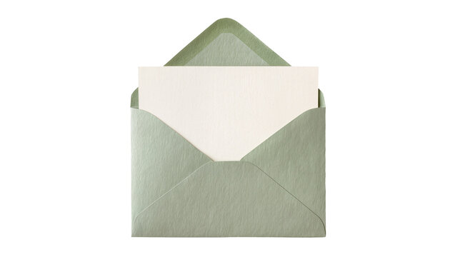 Open light green textured envelope with a blank cream-colored card partially visible, isolated on transparent background, perfect for invitations and messages PNG