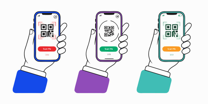 three diverse illustrations of a human hand holding a smartphone to scan a QR code, isolated on a solid, clean white background. Each version shows a different colored sleeve (blue, purple, teal) and 