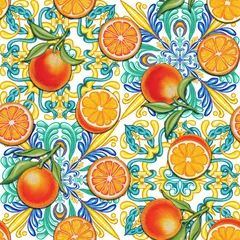 Fotobehang Portugal keramische tegels Blue and yellow Italian ceramic majolica tiles with oranges on branches and slices. Watercolor illustration set. Seamless azulejo hand drawn pattern in traditional Mediterranean style. Bright summer   © Olga Shulgina