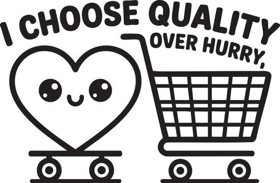 Cute heart character on skateboard with shopping cart and text ICHOSEQUALITYOVER