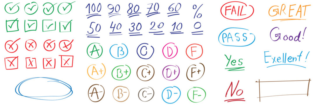 Hand drawn school report card symbols and academic grade marks assessment feedback icons collection