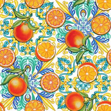 Blue and yellow Italian ceramic majolica tiles with oranges on branches and slices. Watercolor illustration set. Seamless azulejo hand drawn pattern in traditional Mediterranean style. Bright summer 