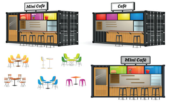 3D illustration of a modern shipping container converted into a street food cafe kiosk with outdoor seating, serving window, and minimalist industrial design. Ideal for concepts related to small  