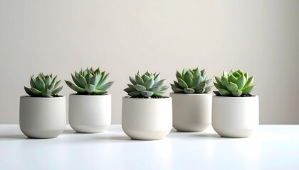Obraz premium Five potted succulent plants arranged on a plain white surface