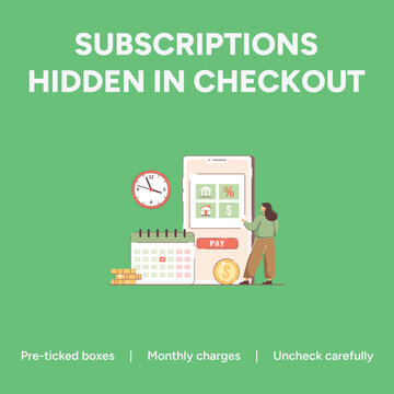Vector graphic illustration warning consumers about hidden recurring subscriptions automatically added during online checkout processes requiring careful monitoring of finance symbols