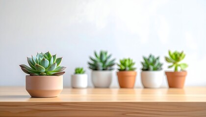 Fototapeta premium Row of succulents in pots on a wooden surface with a white background