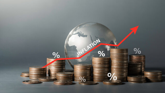 Global inflation concept, Staked coins with rising red arrow and globe crystal for economic financial crisis, cost of living increase, and stock market recession affecting world business growth.