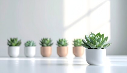 Fototapeta premium Minimalist indoor plants in white and pastel pots arranged in a row