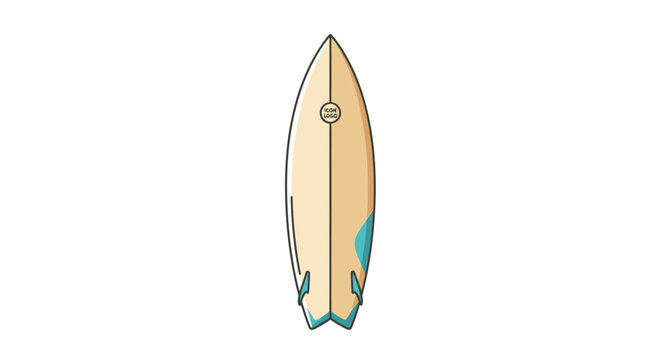 A light brown surfboard with blue accents.