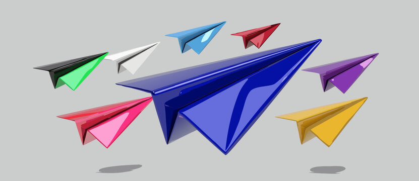 "A professional, high-resolution 3D render collection featuring nine colorful paper planes, isolated on a neutral gray background. The set includes one large blue paper plane in the foreground and eig