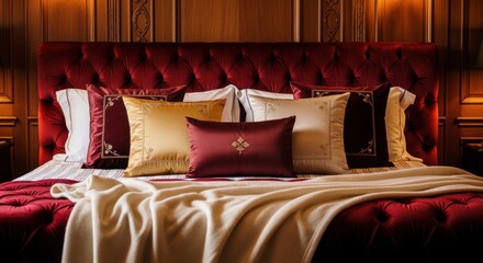 Fototapeta premium Luxurious King Sized Bed with Plush Velvet Headboard and Silk Accent Pillows