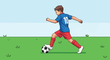 Obraz premium Young athlete in blue jersey with number 10, red shorts, playing soccer on green field