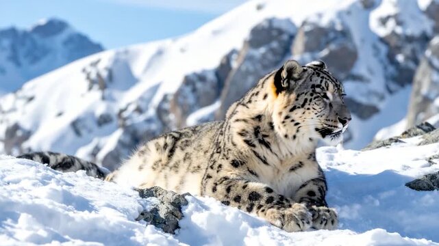 A snow leopard rests on snow, against a backdrop of snowy mountain peaks. Its spotted fur is prominent