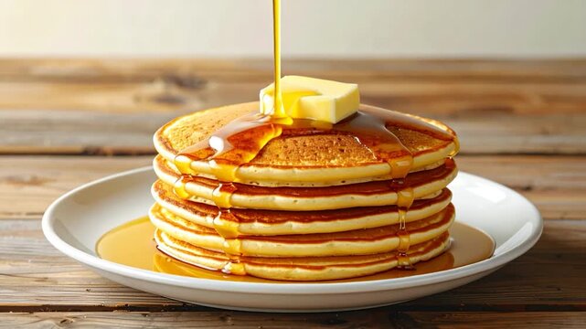A stack of pancakes on a white plate, golden syrup and butter, on a wooden surface